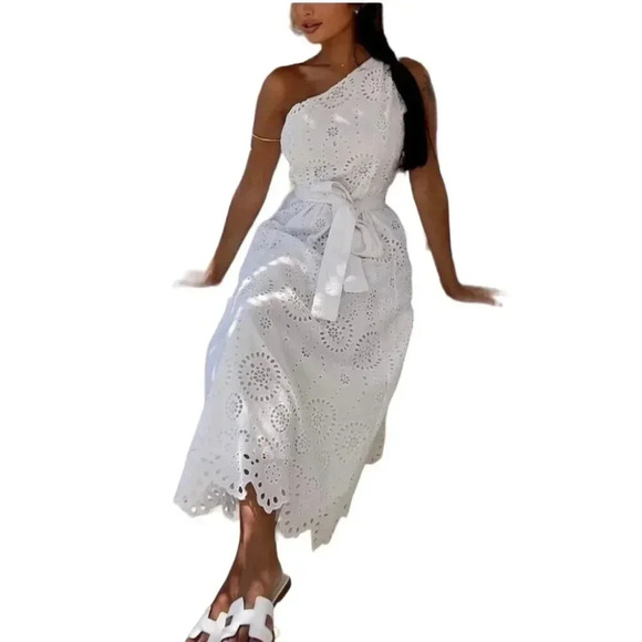 Zara Womens Bloggers Favorite Embroidered Asymmetrical Dress White Size Small - Picture 9 of 10